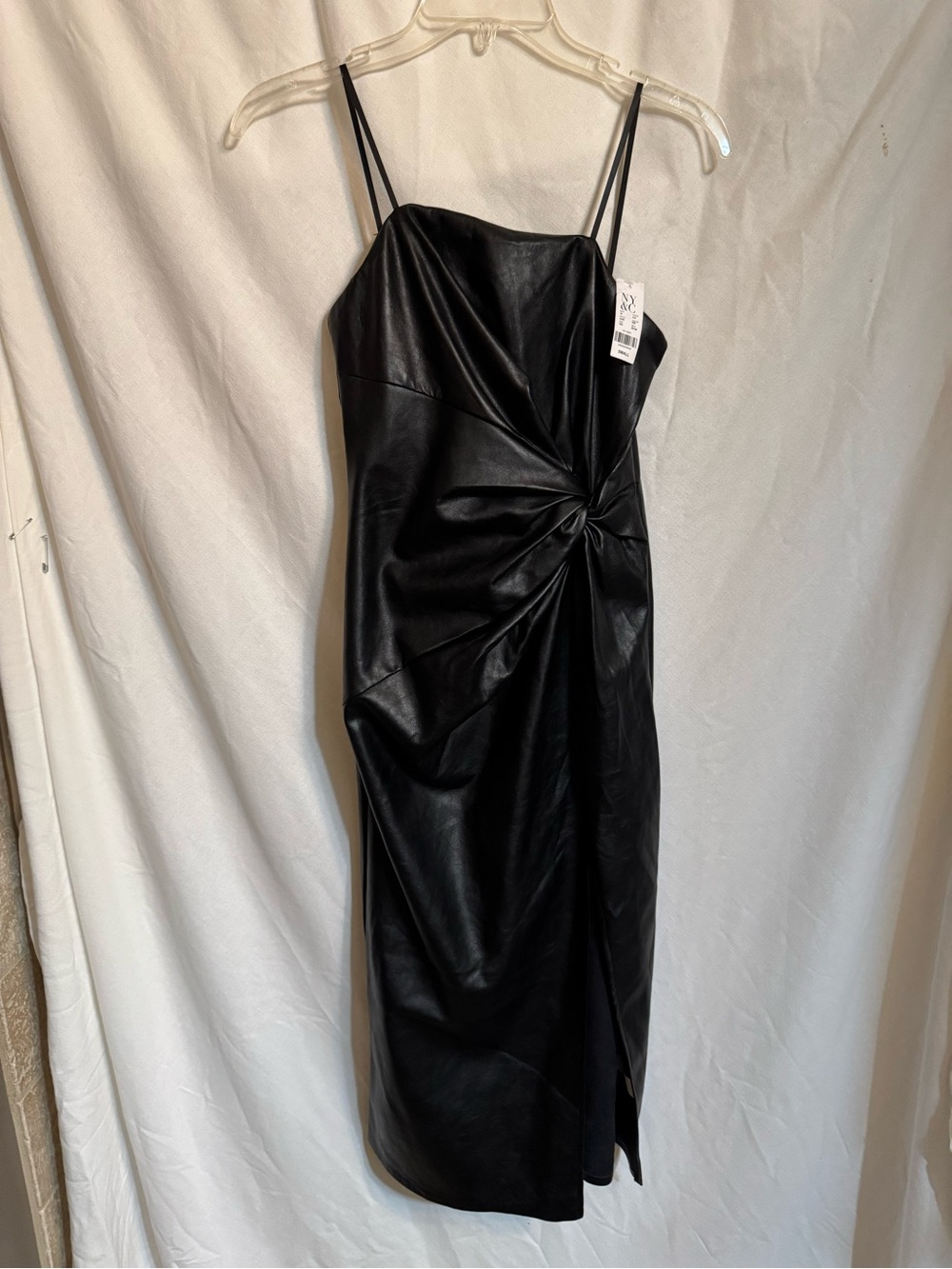 New York & Company Black Faux Leather Midi Dress with Twist Detail